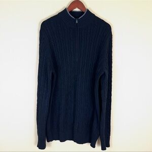 IZOD Black Luxury Crop Neck 3/4 Zip Cable Knit 100% Cotton Ribbed Sweater (XLT)